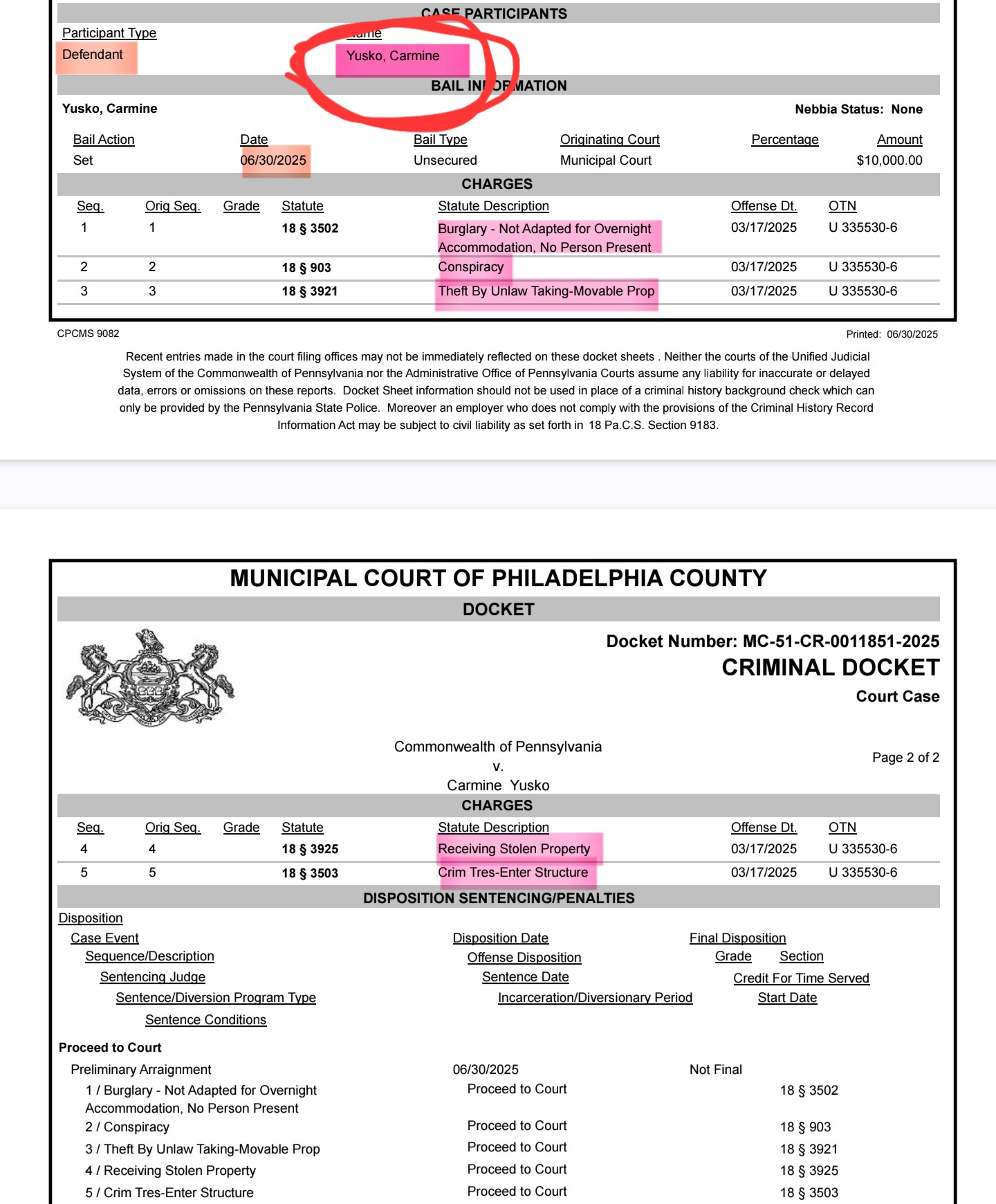 Carmine Salvatore Yusko - multiple criminal charges (2025-06-30)